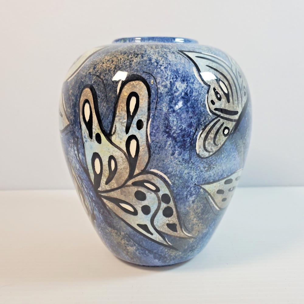 Hand Painted Butterfly Vase Signed SAB4 Blue Cottagecore Glazed Ceramic Art